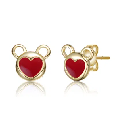 Gigigirl 14k Gold Plated With Red Enamel Heart Enamel Bear Face Design Stud Earrings For Kids