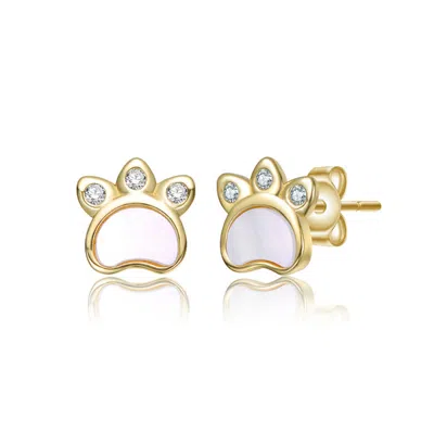 Gigigirl 14k Gold Plated With White Mother Of Pearl & Clear Cubic Zirconia Paw Design Stud Earrings For Kids