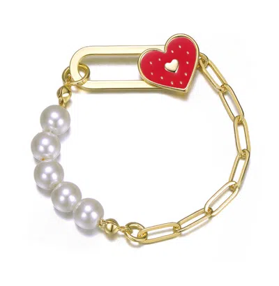 Gigigirl 14k Gold Plated With White Pearls And Red Enamel Heart Paperclip Link Bracelet For Kids