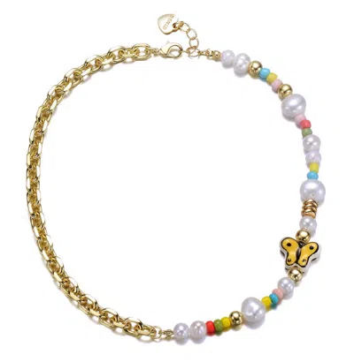 Gigigirl Kids 14k Gold Plated Multi Color Beads With Freshwater Pearls And A Butterfly Charm Necklace