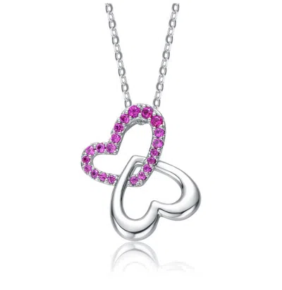 Gigigirl Kids' Sterling Silver With Colored Cubic Zirconia Double Heart Butterfly Pendant Necklace In Red