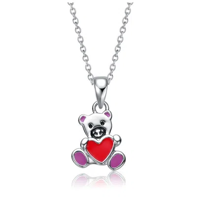 Gigigirl Kids' White Gold Plated Red Enamel Heart Teddy Bear Pendant Necklace In Multi