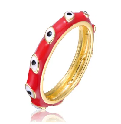 Gigigirl Kids/teens 14k Gold Plated White Evil Eye With Colored Enamel Slim Bamboo Band Ring In Red