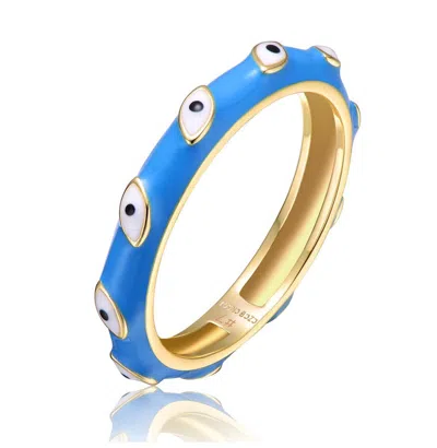 Gigigirl Kids/teens 14k Gold Plated White Evil Eye With Colored Enamel Slim Bamboo Band Ring In Blue