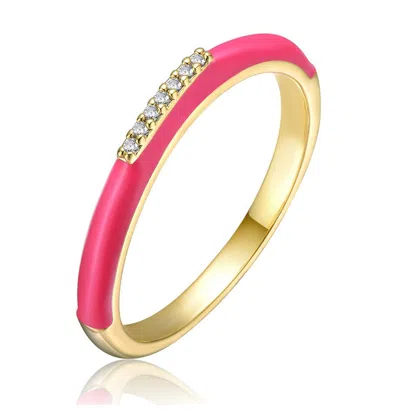 Gigigirl Kids/teens 14k Gold Plated With Cubic Zirconia Colored Enamel Slim Stacking Band Ring In Pink