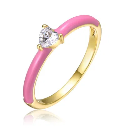 Gigigirl Kids/teens 14k Gold Plated With Cubic Zirconia Heart Solitaire Colored Enamel Ring In Pink