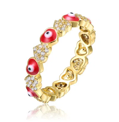 Gigigirl Kids/teens 14k Gold Plated With Cubic Zirconia Red Enamel Evil Eye Repeating Hearts Stacking Ring