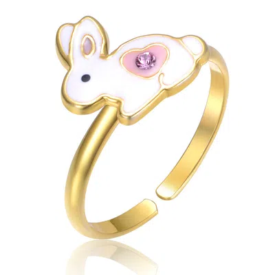 Gigigirl Sterling Silver 14k Gold Plated White & Pink Bunny Rabbit Adjustable Ring For Kids
