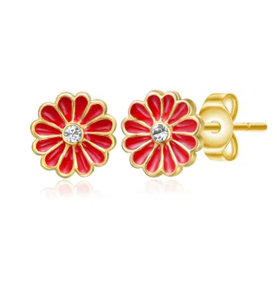 Gigigirl Sterling Silver 14k Gold Plated With Clear Cubic Zirconia & Red Enamel Flower Stud Earrings For Kids In Brown