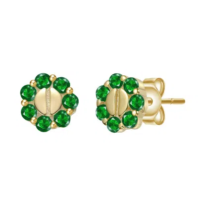 Gigigirl Sterling Silver 14k Gold Plated With Colored Cubic Zirconia Beaded Design Stud Earrings For Kids In Green