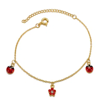 Gigigirl Kids' Sterling Silver 14k Gold Plated With Red & Black Enamel Crystal Lady Bug & Flower Triple Charm Brace