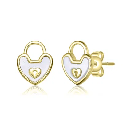 Gigigirl Sterling Silver 14k Gold Plated With White Mother Of Pearl Heart Lock Design Stud Earrings For Kids