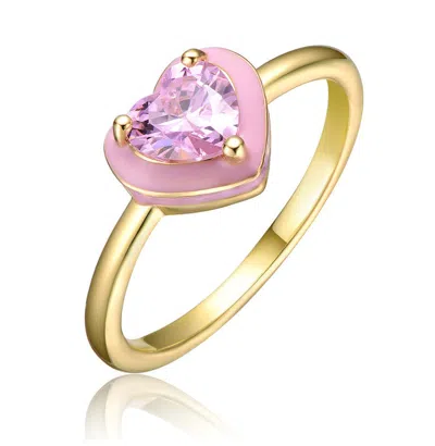 Gigigirl Teens 14k Gold Plated With Pink Cubic Zirconia & Enamel Halo Heart Stacking Ring