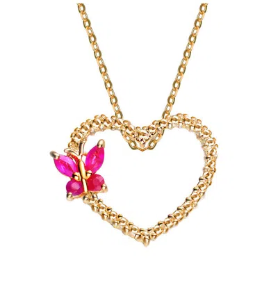 Gigigirl Teens Sterling Silver 14k Gold Plating With Butterfly Ruby Cubic Zirconia Heart Shaped Pendant Neckl