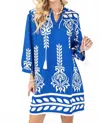 Gigio Aztec Fringe Boho Mini Dress In Blue In Blue