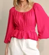 Gigio Bubble Sleeve & Elastic Waist With Front Tie Top In Pink In Pink