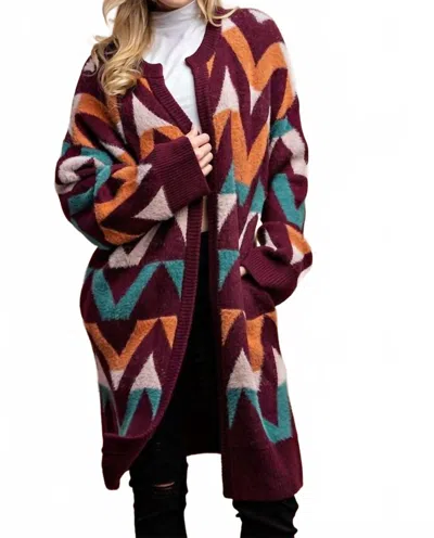 Gigio Chevron Pattern Knitting Sweater Cardigan In Burgundy