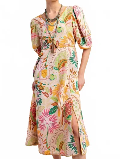 Gigio Contrast Binding Printed Midi Dress In Beige In Pink