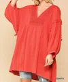 Gigio Crochet V-neck Swing Hi-lo Hem Top In Tomato In Red