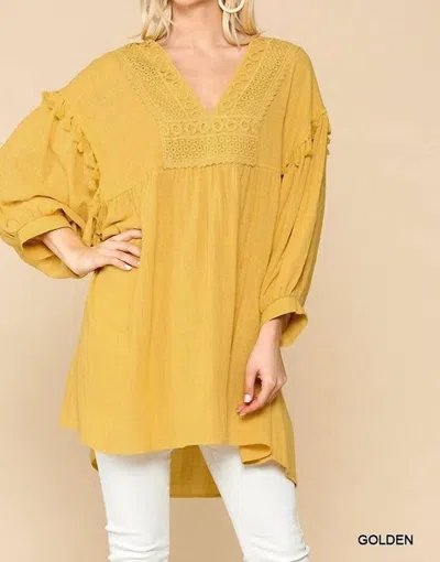 Gigio Crochet V-neck Swing Hi-lo Hem Top In Golden In Yellow