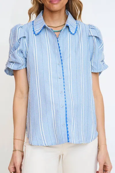 Gigio Embroidered Gingham Button Down Top In Blue