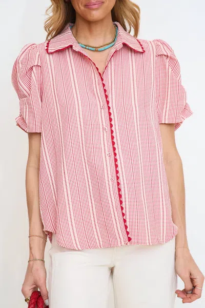 Gigio Embroidered Gingham Button Down Top In Pink