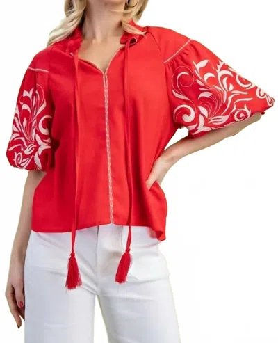 Gigio Embroidered Puff Sleeve Blouse In Red