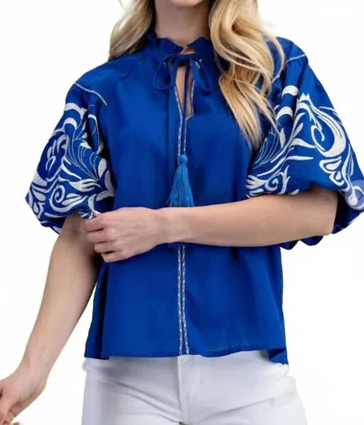 Gigio Embroidered Puff Sleeve Blouse In Cobalt In Blue