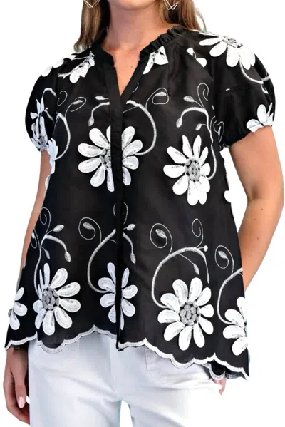 Gigio Floral Appliqué And Embroidered V-neck Top In Black In Multi