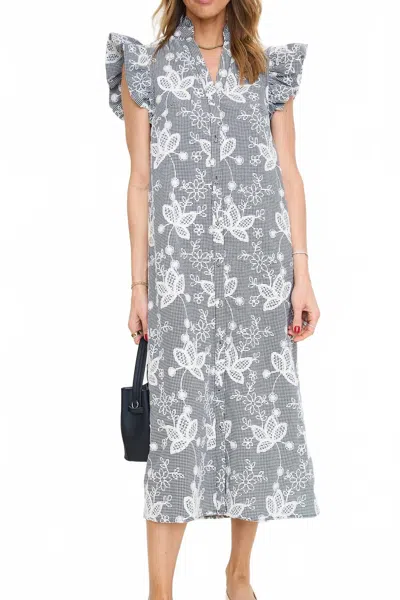 Gigio Floral Embroidered Gingham Print Midi Dress In Black In Gray