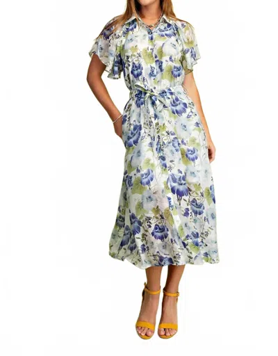 Gigio Floral Midi Shirt Lined Dress In White, Blue In Multi
