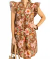 Gigio Floral Split Neck Mini Dress With Ruffle In Pink/brown In Brown