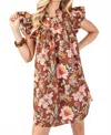 Gigio Floral Split Neck Mini Dress With Ruffle Sleeves In Pink / Brown In Brown