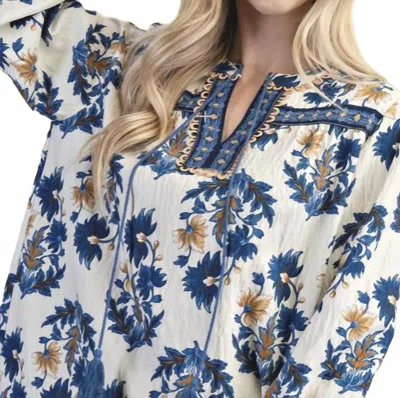 Gigio Floral Tassle Tie Neck Top In Blue In Multi