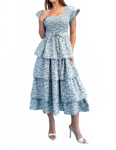 Gigio Floral Tiered Elastic Waist Midi Dress In Blue