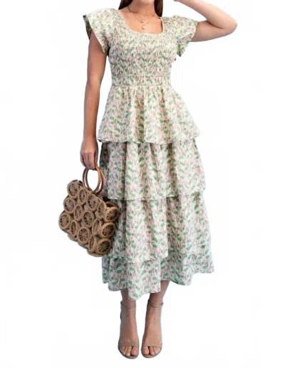 Gigio Floral Tiered Elastic Waist Midi Dress In Green
