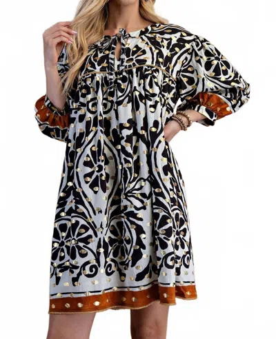 Gigio Foil Bold Print Bohemian Dress In Black Gold In Multi