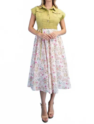 Gigio Half Button Midi Dress In Green Floral In Black