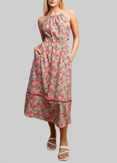 Gigio Halter Neck Cut-out Midi Dress In Floral Print In Pink