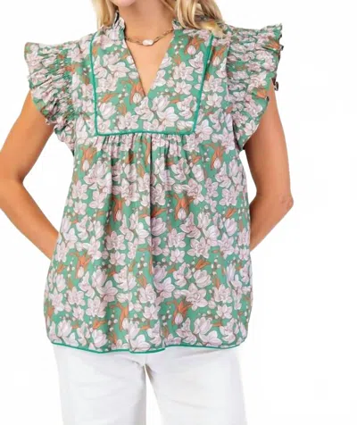 Gigio Kelly Top With Piping Trim Details In Green Floral Print In Multi
