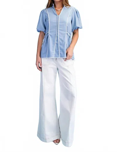 Gigio Linen Blouse With Striped Binding Details In Blue