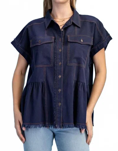 Gigio Linen Button Up Peplum Blouse In Dark Navy In Blue