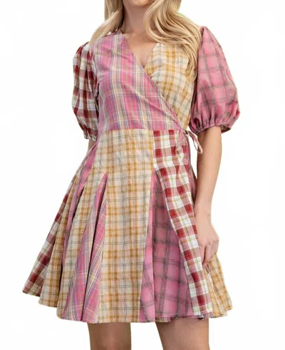 Gigio Mixed Check Print Wrap Mini Dress In Pink In Multi