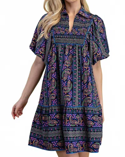 Gigio Mixed Paisley Print Dress With A Smocked Front Yoke In Navy Mix In Multi