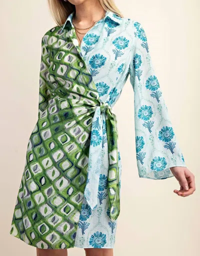 Gigio Mixed Print Long Sleeves Wrap Mini Dress In Green/blue In Multi