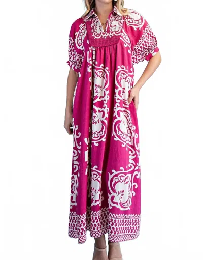 Gigio Mixed Print Short Puff Sleeve Midi Dress In Fuchsia In Multi