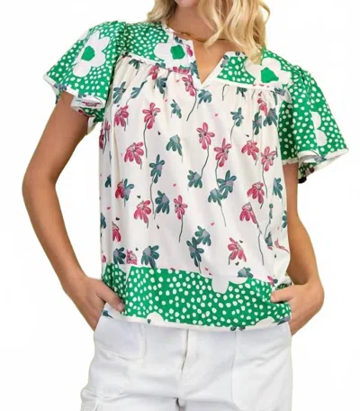 Gigio Mixed Print Short Sleeve Top In Green Mix In Multi