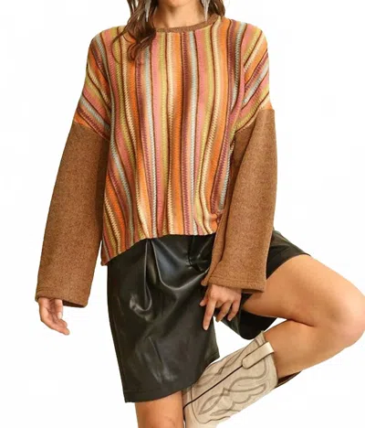 Gigio Novelty Knit And Solid Knit Mixed Loose Top In Multi In Brown