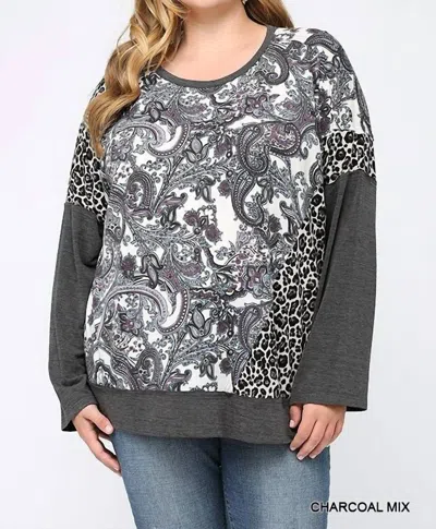 Gigio Pasley Leopard Color Block Top In Charcoal Mix In Grey
