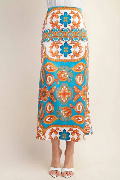 Gigio Printed Satin Midi Skirt In Blue Vines In Multi
